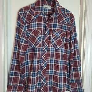 Wrangler Men's Red Plaid Shirt, Pearl Snap, Flannel, Long Sleeve